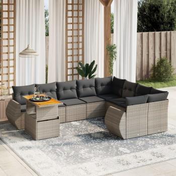 10-Piece Grey Poly Rattan Garden Sofa Set with Cushions