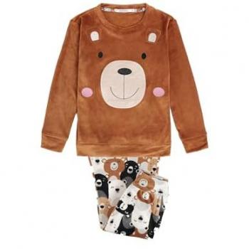 Pijama Largo de Terciopelo Marrón para Niña - Velvet Bear Family Admas