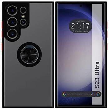 Funda Mate con Borde Negro y Anillo Giratorio 360 para Samsung Galaxy S23 Ultra 5G - Estuche Flexible y Resistente con Lámina Metálica para Soporte Magnético