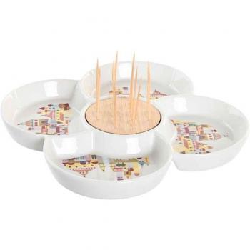 Set de Aperitivo Cottage Casas Multicolor en Gres y Bambú 22x22x7 cm