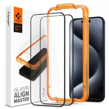 Protector de Pantalla Spigen ALM Glass FC para iPhone 15 Pro - Vidrio Templado 9H - Paquete de 2 Unidades - Cobertura Total - Color Negro