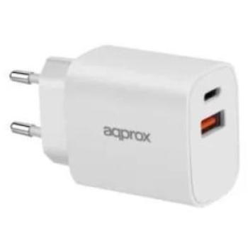 Cargador Approx 20W QC Blanco con 1 USB-A, 1 USB-C y Cable Incluido