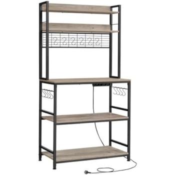 Estante de cocina gris con regleta de enchufes y soporte para microondas, 14 ganchos, 40 x 80 x 170 cm
