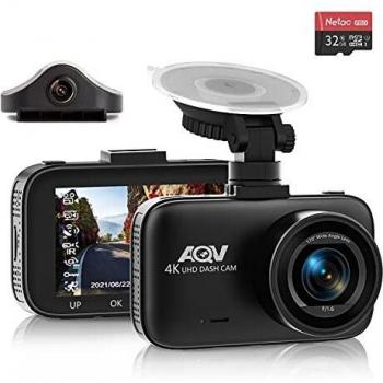 Cámara de Coche, AQV 4K + 1080P Antes y Después Dash CAM, Gran Angular de 310 °, GPS, Supercondensador, Vision Nocturna con Tarjeta 32G, G-Sensor, Grabación de Bucle, WDR, Monitor de Aparcamiento