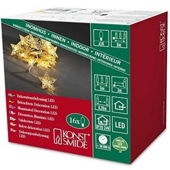 Guirnalda LED Navideña Konstsmide de 16 luces con estrellas doradas, interior, blanco cálido, 3 metros