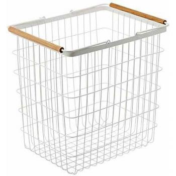 Cesto de ropa sucia grande Yamazaki Tosca, metal blanco con asas de madera, 41.5 x 31 x 38.5 cm