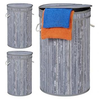 Cesto Portabiancheria Plegable de Bambú 2x con Tapa, Redondo, 65 Litros, Diámetro 40 cm, Gris