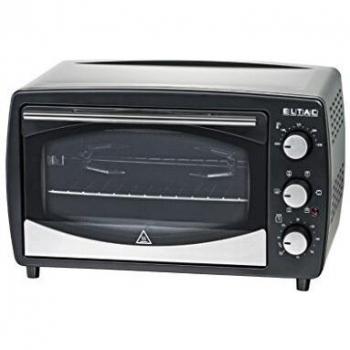 Eltac RG 15 - Mini Horno (23 L, 6 Funciones de calefacción, recirculación, pincho Giratorio motorizado, Doble Puerta de Cristal, Temporizador, Revestimiento Antiadherente, 1500 W), Color Negro