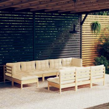 10-Piece Garden Lounge Set with Cream Cushions, Solid Pine Wood