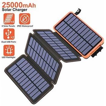 Hiluckey Cargador Solar 25000mAh, Portátil Power Bank con 4 Paneles Solar Dual Puertos USB 2.1A Carga Rápida Impermeable Batería Externa para Smartphones, Tabletas y Acampar al Aire Libre