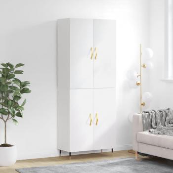 Aparador alto de madera contrachapada blanco brillo 69,5x34x180 cm con 2 puertas y cajón, mueble de almacenaje moderno para salón