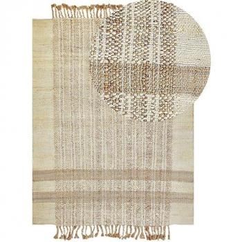 Alfombra de Yute Beige 160 x 230 cm Rectangular a Mano con Borlas y Patrón Geométrico