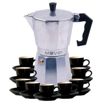 Cafetera de Aluminio Muvip 9 Tazas con Mango Ergonómico de Baquelita Termoresistente, Apta para Inducción y Todo Tipo de Cocinas, Color Aluminio