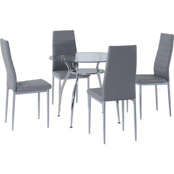Conjunto de Comedor 5 Piezas Mesa Redonda de Vidrio Templado y 4 Sillas con Patas de Acero Gris