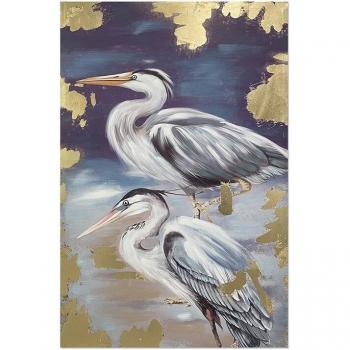 Cuadro Lienzo Pintado Garzas Azul Dorado 80 x 120 x 4 cm