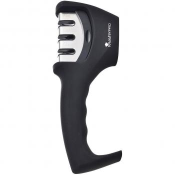 Afilador de Cuchillos Masterpro Foodies, 19x7.8x7 cm, Acero Inoxidable, Triple Ranura, Silicona Recubierta, Empuñadura Ergonómica
