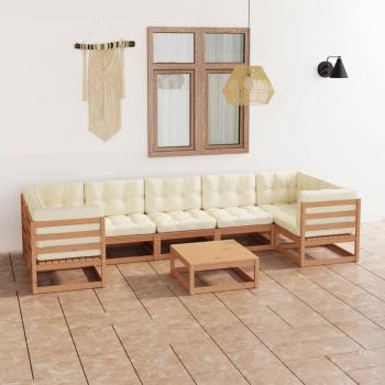 Set de muebles de jardín 8 piezas con cojines en madera de pino color marrón miel