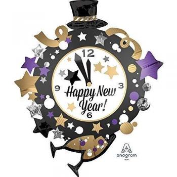 Anagram- Globo Foil Supershape 76 x 88 cm Happy New Year Clock, multicolor, 7A3832101