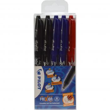 Pilot Frixion - Set de 5 Bolígrafos Roller con Tinta Borrable en Colores Variados (2 Negros, 2 Azules, 1 Rojo) de 0.7mm