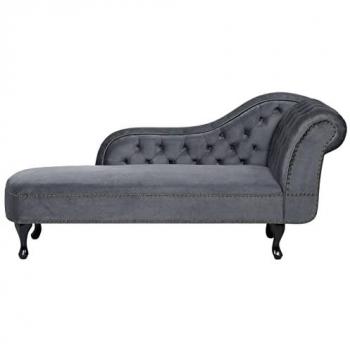 Chaise Longue Chesterfield de Terciopelo Gris Derecho con Botones y Tachuelas