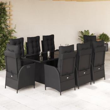 Set de comedor de jardín 9 piezas con almohadas negras en Polyrattan