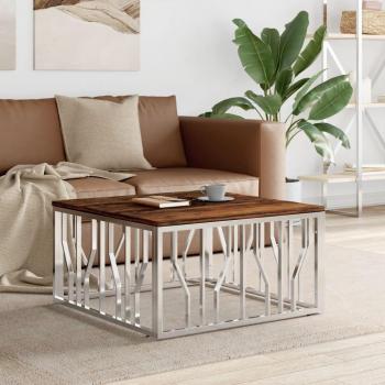 Mesa de centro de acero inoxidable y madera reciclada plateada y dorada, mesita de salón o comedor auxiliar, mesa de café meuble salón