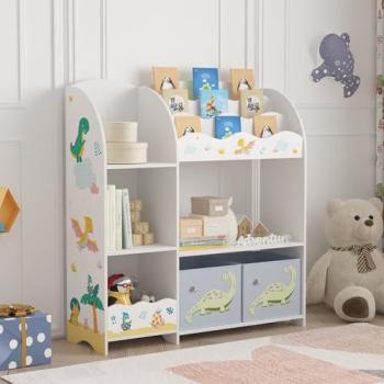 Estantería Infantil Lysekil 100x93x30 cm - Diseño de Dinosaurios con Estantes y Cajas Coloridas