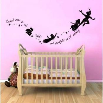 Pegatinas de pared - Peter Pan con texto para cuarto de niños - 100 cm x 55 cm, Vinilo mate, Negro