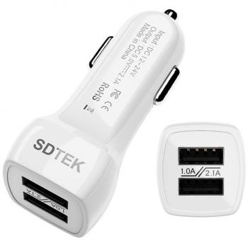 SDTEK Blanco Cargador de Coche Doble USB 2.1A para el iPhone 7, 6 / 6s, Plus, 5 SE 5s 5c, Aire iPad, Pro, Mini, Samsung Galaxy Note J5 S6 S7, Borde, Huawei Honor, Asus Zenfone, Sony Xperia y Más