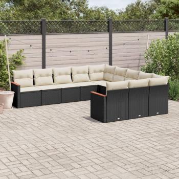 11-Piece Black Poly Rattan Garden Sofa Set with Cushions