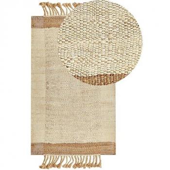 Alfombra de Yute Beige 80 x 150 cm Rectangular a Mano con Borlas y Patrón Geométrico
