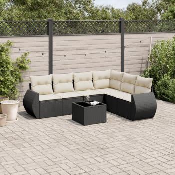 Set de comedor de jardín 7 pzas con cojines de ratán sintético negro