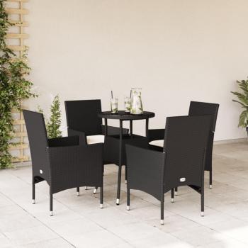 Set de almuerzo de jardín 5 Pcs Polyrattan con almohadas y mesa de vidrio negro