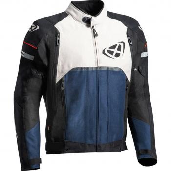 Ixon Chaqueta textil de moto Allroad Beige-Azul-Negro con características de resistencia al agua, múltiples bolsillos, ventilación, protecciones en hombros y codos, ajuste en cintura y cuello