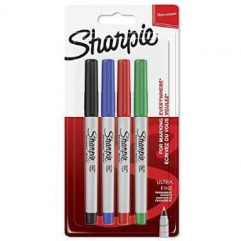 Rotuladores permanentes Sharpie ultrafinos 0,5 mm - paquete de 4 colores estándar (negro, azul, rojo, verde)