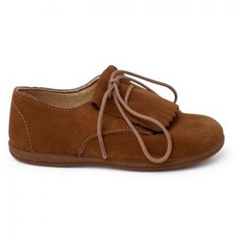 Zapatos de Cordones para Niños de Serraje con Lengüeta de Flecos en Color Topo - Talla 21