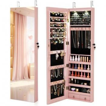 Pink Mirrored Jewelry Cabinet Organizer with Lights and Drawer