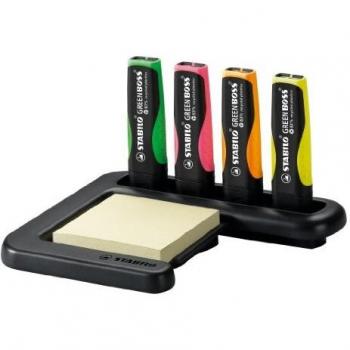 STABILO Green Boss Set de 4 Marcadores Fluorescentes + Bloc de Notas Adhesivas Recicladas