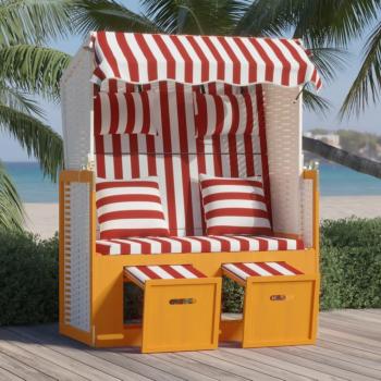 Silla Strandkorb de Polyrattan y madera maciza con almohadas rojas y blancas
