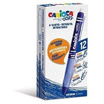 CARIOCA Oops Retráctil Azul | Set Bolígrafos Borrables Recargables Retráctiles para el Colegio, Universidad y Oficina con Goma Incorporada y Agarre Ergonómico, Bolígrafos Azules, 12 Uds