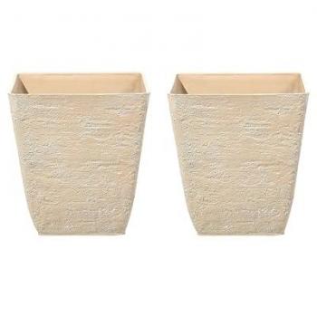 Conjunto de 2 macetas cuadradas de poliresina beige piedra para interiores y exteriores 39 x 39 x 43 cm Delos