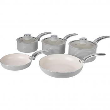 Juego de Utensilios de Cocina Retro Swan 5 Piezas - Aluminio Prensado, Antiadherente Cerámica sin PFOA y PTFE, Tapas de Vidrio, Apto para Todas las Cocinas,
