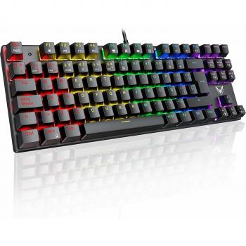 PICTEK Teclado Mecánico Switch Blue con Luz, Teclado Gaming Español LED Rainbow con Switch Azul, 87 Teclas Anti-Ghosting para PC/Mac con Windows - Negro