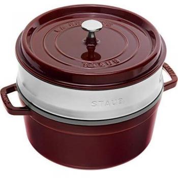 STAUB Cocotte Redonda con Cesta Vapor, Hierro Fundido, Granate, 26 cm