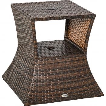 Mesa De Centro De Jardín Outsunny Ratán Con Agujero Para Sombrilla Marrón 55X54x54 Cm