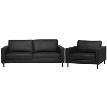 Conjunto de Sofás Minimalista de Piel Negra - Sofá 3 Plazas y Sillón Savalen