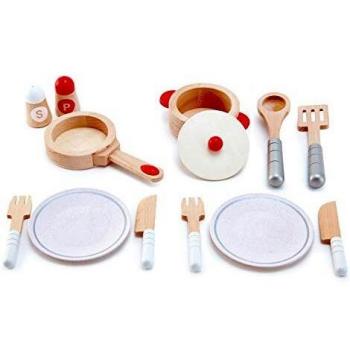 Hape Cook & Serve Set | 13-Piece Wooden Pretend Play Cooking Set with Accessories