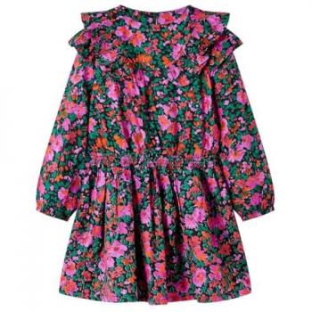 Vestido Infantil de Manga Larga Rosa Chillón con Escote Redondo 104