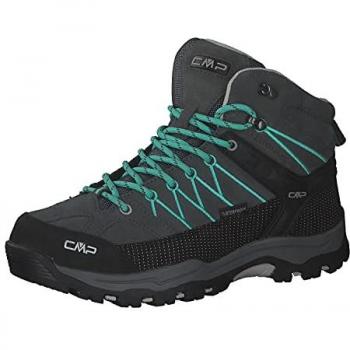 Botas de senderismo CMP Rigel Mid WP, características: impermeables, diseño para niños y adultos, color gris oscuro con detalles en verde, disponibles en tallas 41 y 43 EU
