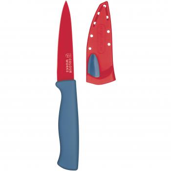 Cuchillo Pequeño de Cocina con Funda y Afilador Integrado, Acero Inoxidable, Rojo y Gris, 9.5 cm